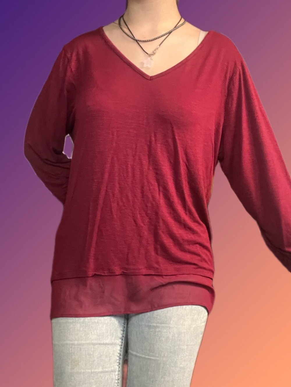 Style & Co. Burgundy V-Neck Long Sleeve Layered-Hem Top
